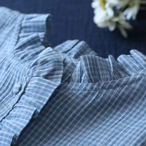 Ruffle Collar Sheer Blue Blouse Long Sleeves Cotton Shirt