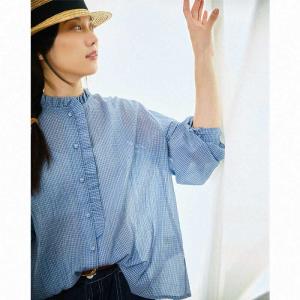 Ruffle Collar Sheer Blue Blouse Long Sleeves Cotton Shirt