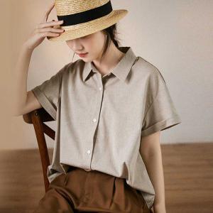 Short Sleeves Polo Neck Shirt Ladies Cotton Linen Khaki Blouse