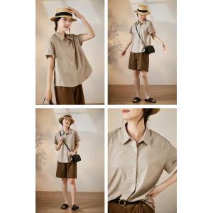 Short Sleeves Polo Neck Shirt Ladies Cotton Linen Khaki Blouse