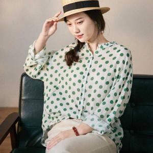 Long Sleeves Oversized Polka Dot Blouse Loose Flax Clothing