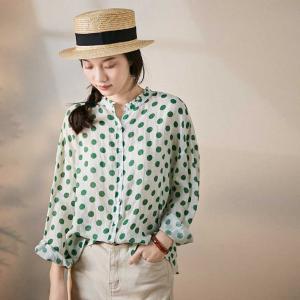 Long Sleeves Oversized Polka Dot Blouse Loose Flax Clothing