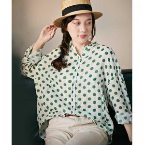 Long Sleeves Oversized Polka Dot Blouse Loose Flax Clothing