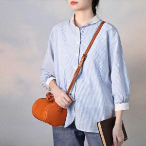 Light Blue Pinstriped Blouse Womens Pleated Cotton Shirt