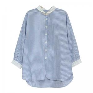 Light Blue Pinstriped Blouse Womens Pleated Cotton Shirt