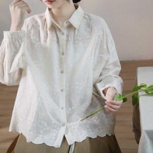 Lace Trim Long Sleeves Floral Blouse Cotton Embroidery Peasant Top