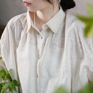Lace Trim Long Sleeves Floral Blouse Cotton Embroidery Peasant Top