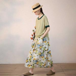 Beach Fashion Ramie Flowers Skirt High-Waist Flare Gaucho Skirt