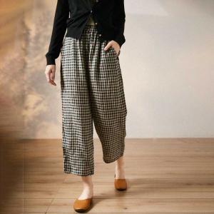 Contrast-Colored Plain Linen Pants Casual Straight Legs Trousers
