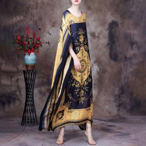 Crew Neck Moroccan Kaftan Totem Prints Silky Plus Size Caftan