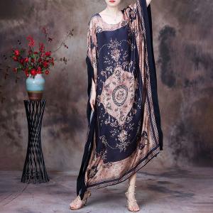 Crew Neck Moroccan Kaftan Totem Prints Silky Plus Size Caftan