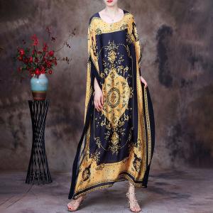 Crew Neck Moroccan Kaftan Totem Prints Silky Plus Size Caftan