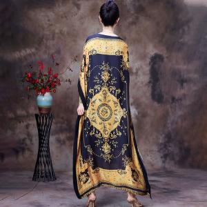 Crew Neck Moroccan Kaftan Totem Prints Silky Plus Size Caftan