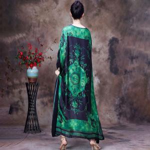 Crew Neck Moroccan Kaftan Totem Prints Silky Plus Size Caftan