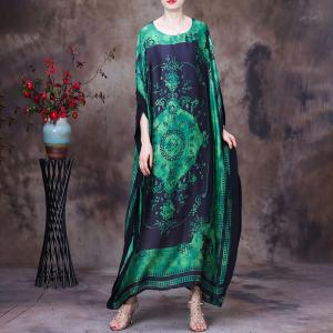 Crew Neck Moroccan Kaftan Totem Prints Silky Plus Size Caftan