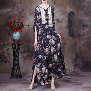 Chinese Pankou Loose Printed Cheongsam Side Slits Vintage Dress