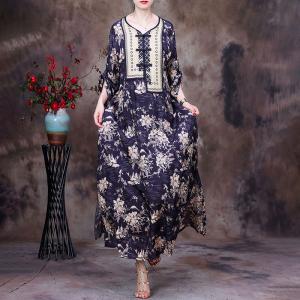 Chinese Pankou Loose Printed Cheongsam Side Slits Vintage Dress