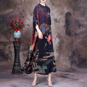 Mid-Calf Printed Chinese Traditional Dress Half Sleeve Plus Size Dress