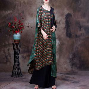 Abstract Printed Modest Green Tunic Dress with Palazzo Pants