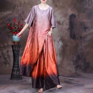 Gradient Colors Asymmetrical Silk Tunic with Comfy Wide Leg Pants
