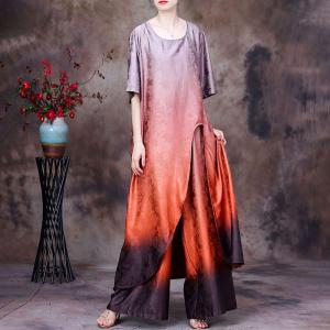 Gradient Colors Asymmetrical Silk Tunic with Comfy Wide Leg Pants