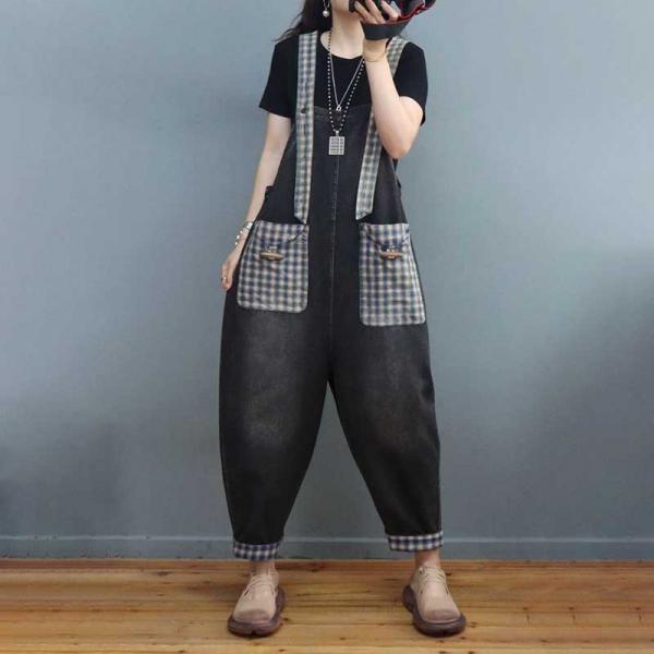 Checkered Pockets Summer Overalls Stone Wash Jean Dungarees