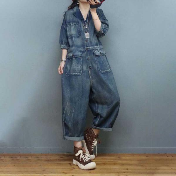 Polo Neck Stone Wash Jumpsuits High Waist Denim Gardening Clothes