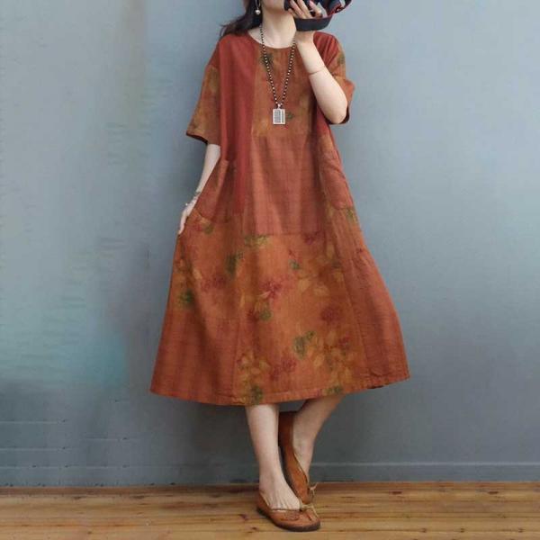 Beach Fashion Cotton Linen Folk Dress Floral Mid-Calf Dress