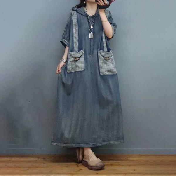 Half Sleeve Gingham Hoodie Dress Plus Size Summer Denim Dress