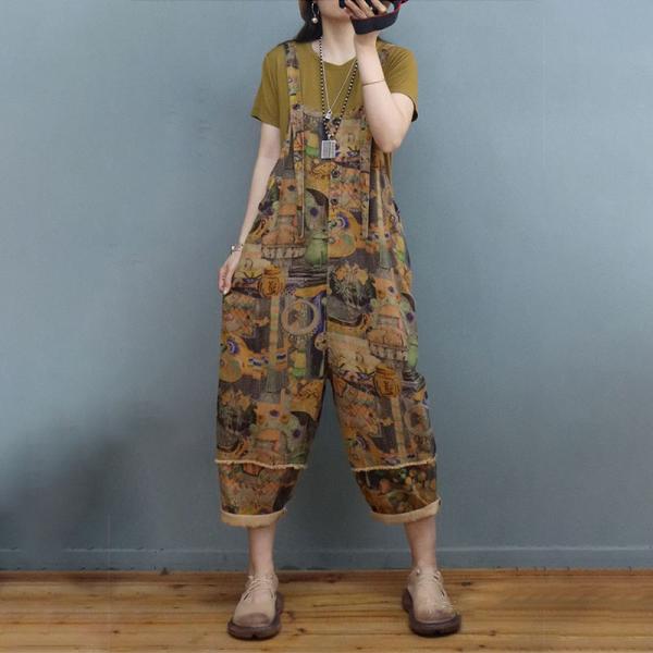 Ethnic Patterns Painted Overalls Cotton Linen Beach Overalls