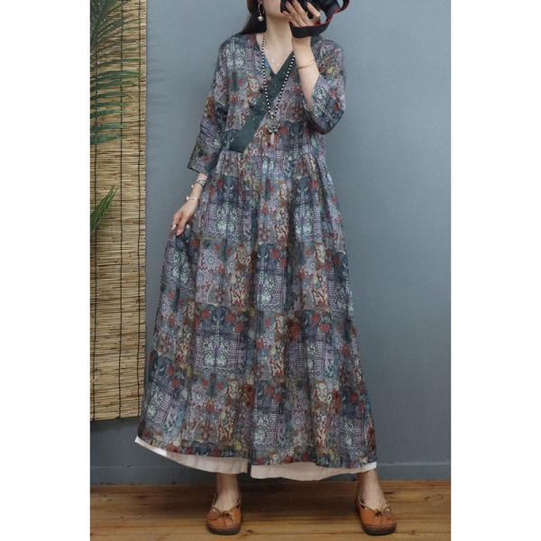 High-Waist Printed Folk Dress Loose Ramie Boho Dress