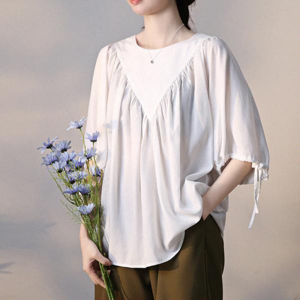 Neutral Colors Belted Sleeves Shirt Silky Oversized Pleated Blouse