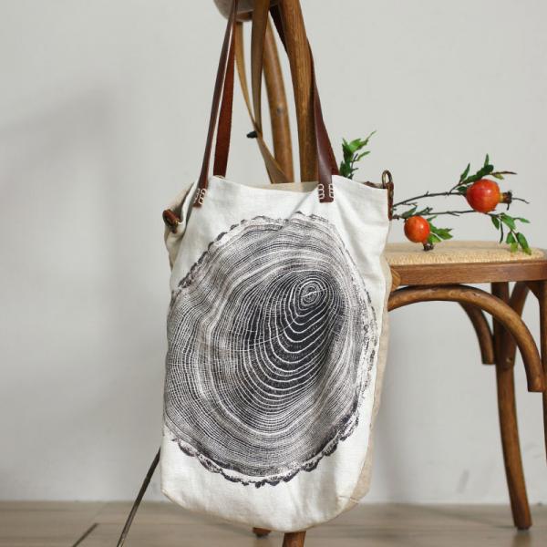 Tree Rings Patterns Linen Tote Leather Straps Beach Bag