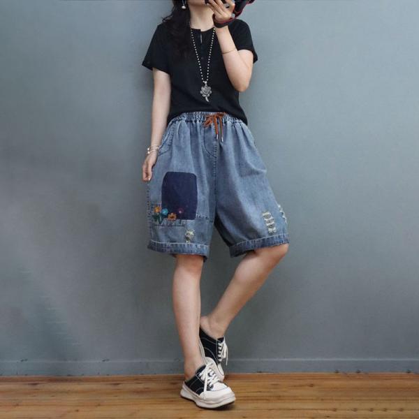 Floral Embroidery Ripped Shorts Wide Leg Jean Shorts