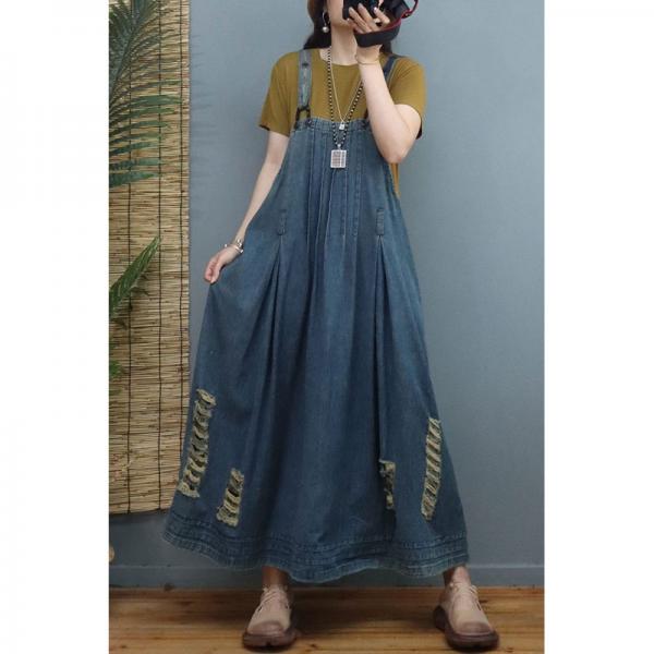 Thin Denim Comfy Maxi Dress Summer Ripped Flare Sundress