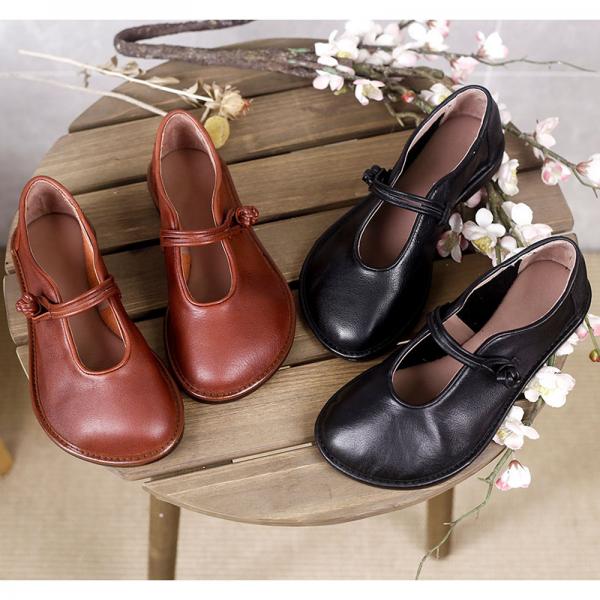 Chinese Style Cowhide Leather Vintage Shoes Buckle Shallow Mom Shoes