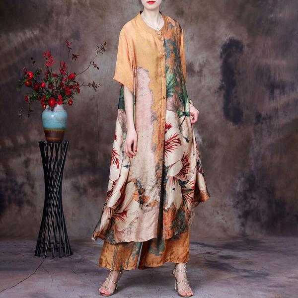 Half Sleeves Huge Flowers Shirt Dress with Tencel Palazzo Pants Sets