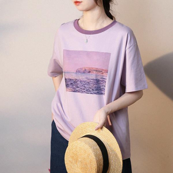 Short Sleeves Violet Painted T-shirt Casual Cotton Tee for Women