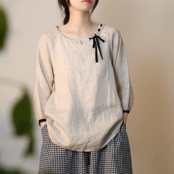 Bowknot Collar Loose Flax Clothing Puff Sleeves Linen T-shirt