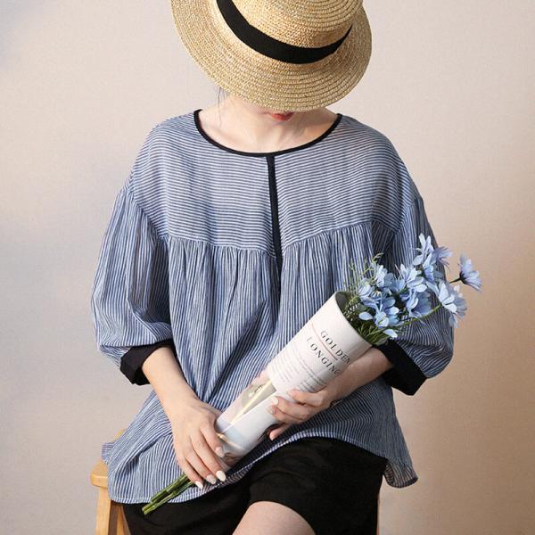 Blue Horizontal Striped Blouse Puff Sleeves Cotton Oversized Tshirt