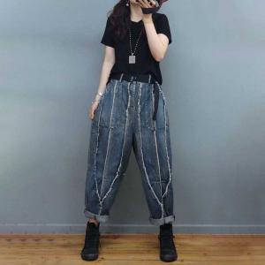 Vertical Striped Fringed Jeans Womens Baggy Dad Jeans