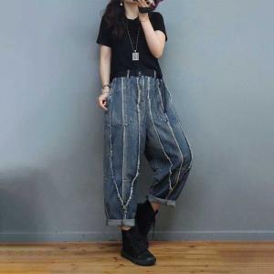 Vertical Striped Fringed Jeans Womens Baggy Dad Jeans