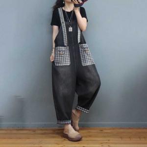 Checkered Pockets Summer Overalls Stone Wash Jean Dungarees