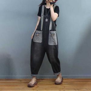 Checkered Pockets Summer Overalls Stone Wash Jean Dungarees