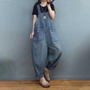 Checkered Pockets Summer Overalls Stone Wash Jean Dungarees