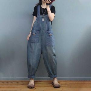 Checkered Pockets Summer Overalls Stone Wash Jean Dungarees