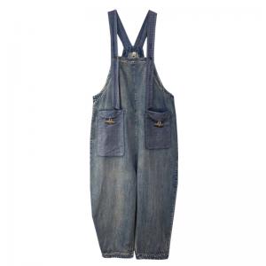 Checkered Pockets Summer Overalls Stone Wash Jean Dungarees