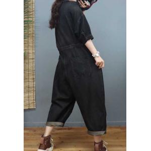 Polo Neck Stone Wash Jumpsuits High Waist Denim Gardening Clothes