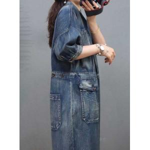 Polo Neck Stone Wash Jumpsuits High Waist Denim Gardening Clothes