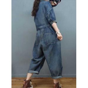 Polo Neck Stone Wash Jumpsuits High Waist Denim Gardening Clothes